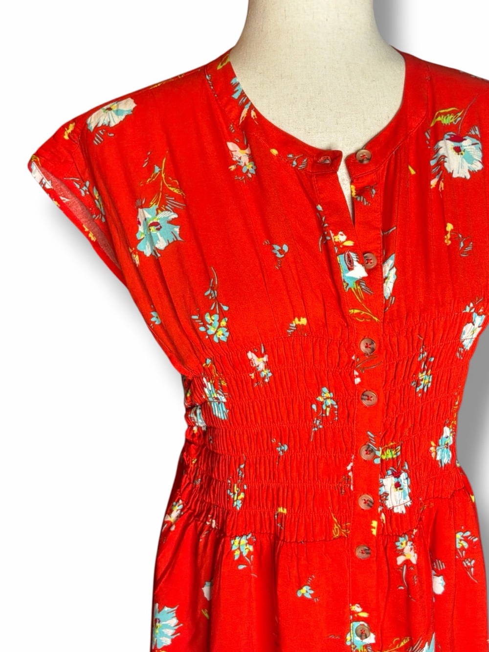 Free People Red Floral Greatest Day Smocked Mini Dress Size Medium - Picture 3 of 9